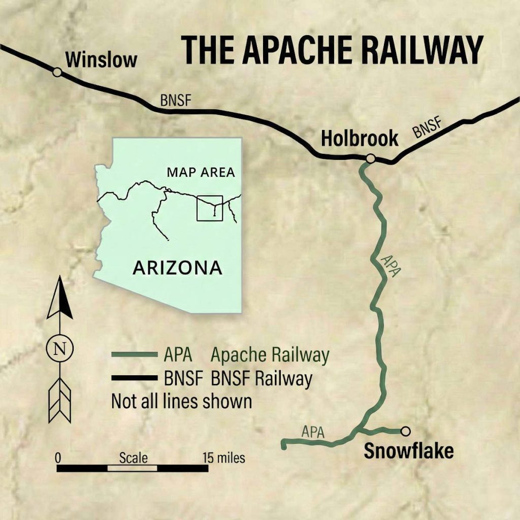 A map representing the Apache Railway line from Snowflake, AZ to Holbrook, AZ.